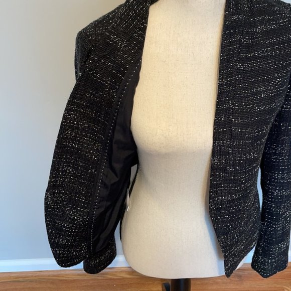 Loft Black White Speckled Tweed Blazer Jacket Career Lined Open Hook Closure 4 - Picture 3 of 8